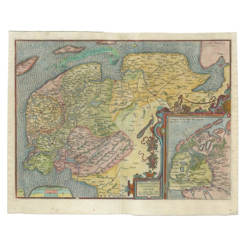 Ancienne carte ancienne de la province du Friesland, Pays-Bas, vers 1580