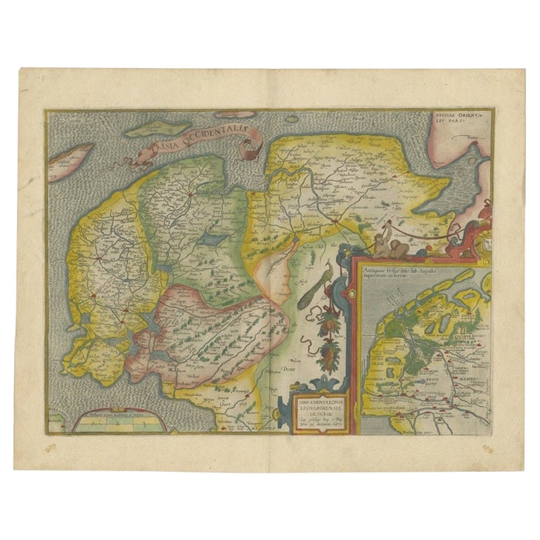 Carte ancienne du Friesland également connue sous le nom d'image de paon, vers 1580 en vente