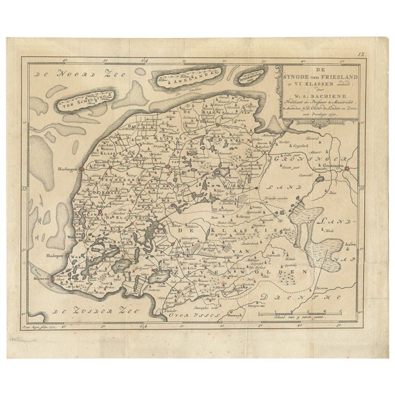 Antique Map of Friesland in the Netherlands, 1770 For Sale