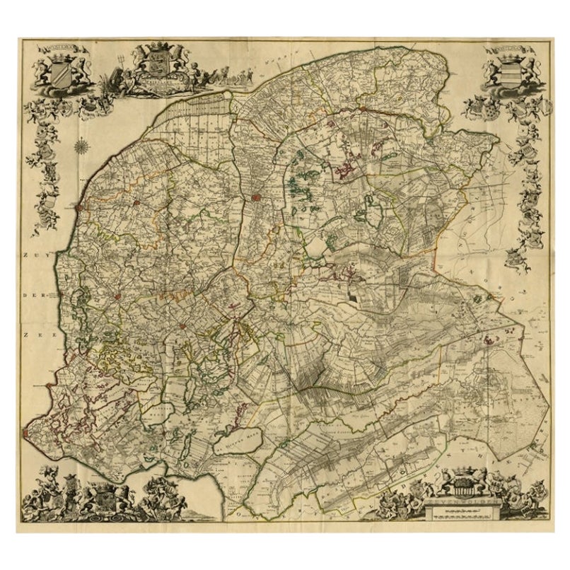 Large Antique Wall Map of Friesland by Vegelin van Claerbergen, 1739 For Sale