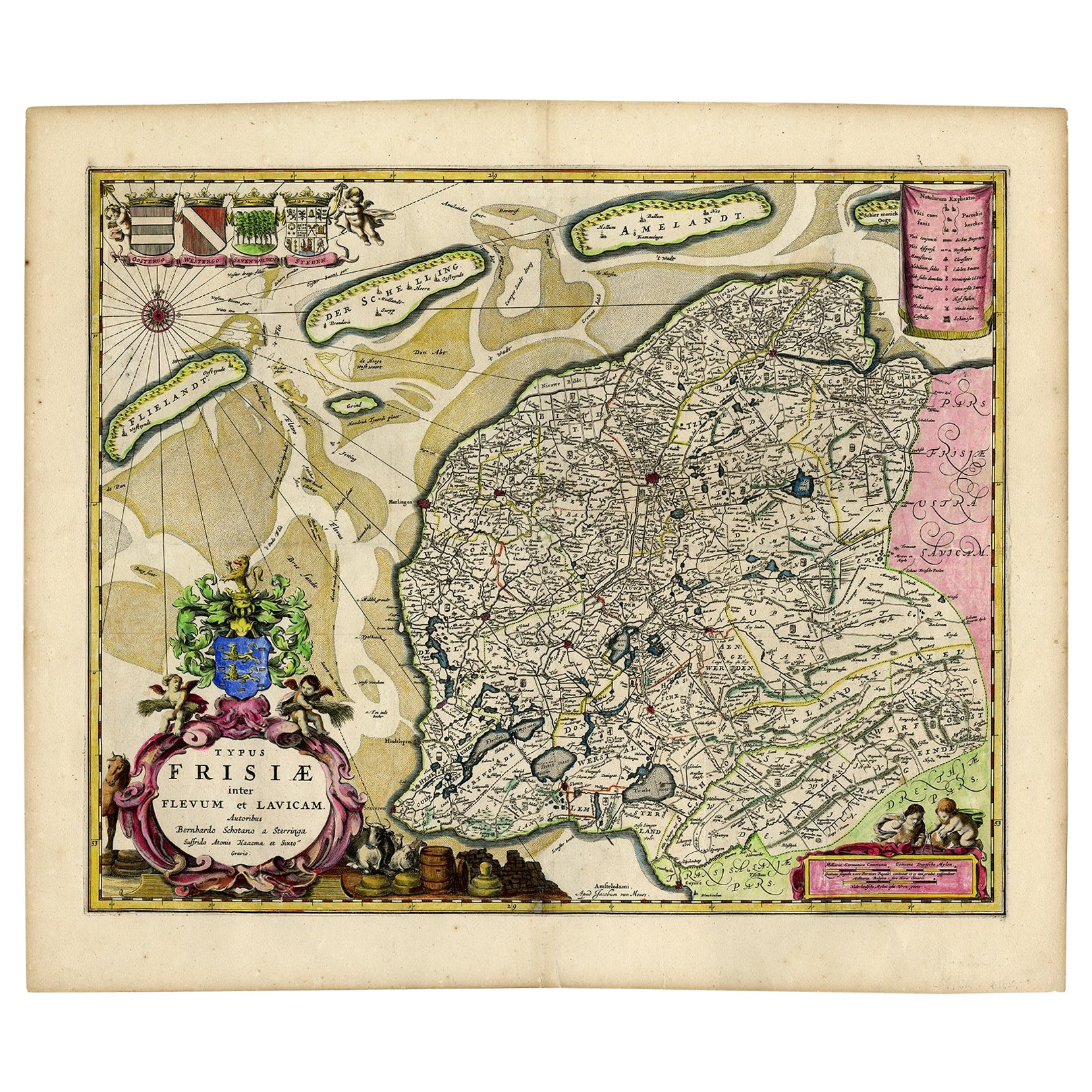 Antique Map of Friesland with Four Coats of Arms, 1664