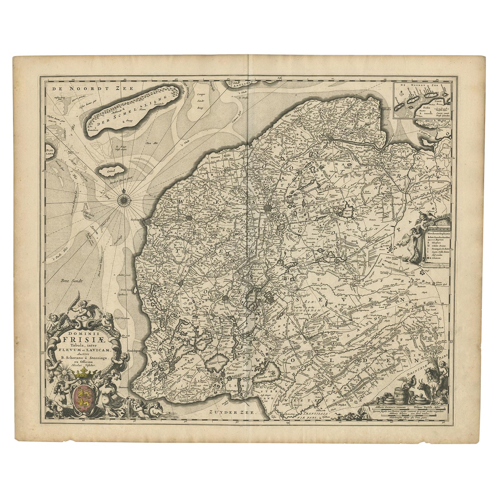 Magnifique carte de la première État du Friesland, Pays-Bas, vers 1665