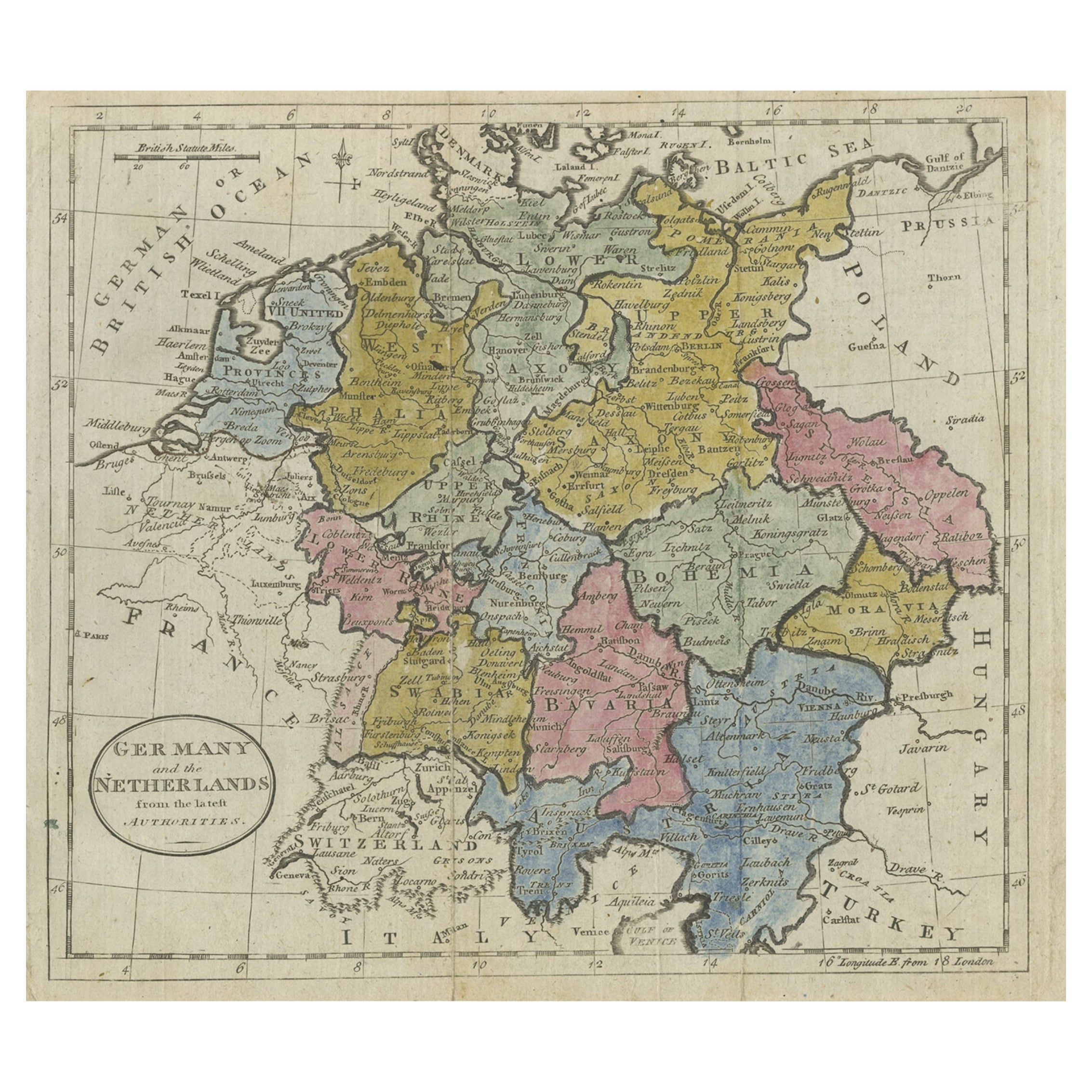 Antike Karte Deutschlands, Niederlande, Böhmen, Bayerns, Bayerns und der Schweiz, 1785