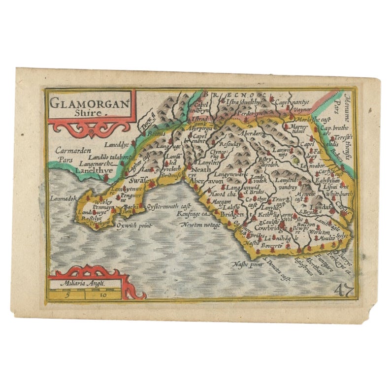 Carte miniature ancienne du Glamorganshire, Pays de Galles, vers 1646