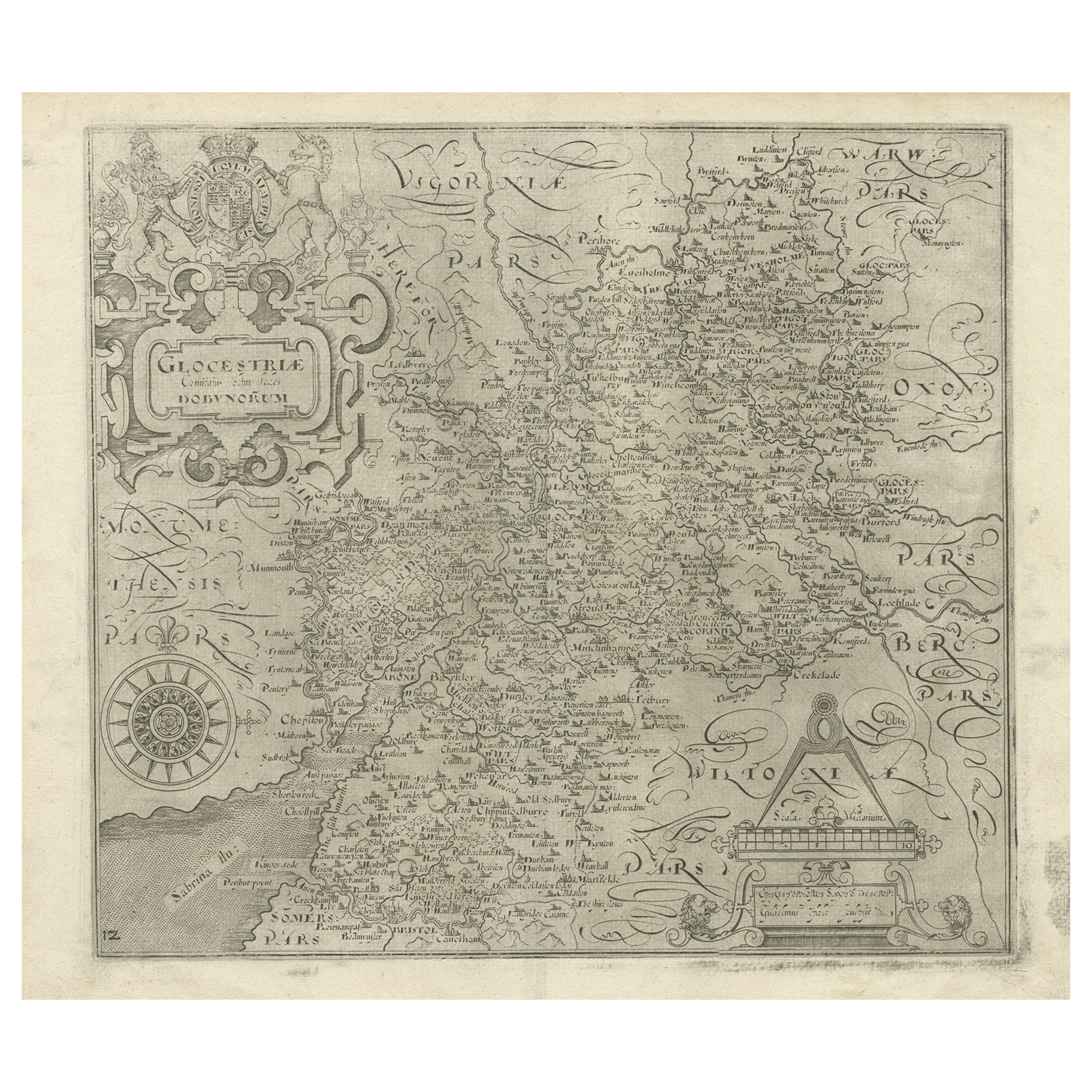 Carte ancienne gravée en cuivre du Gloucestershire en Angleterre, 1637