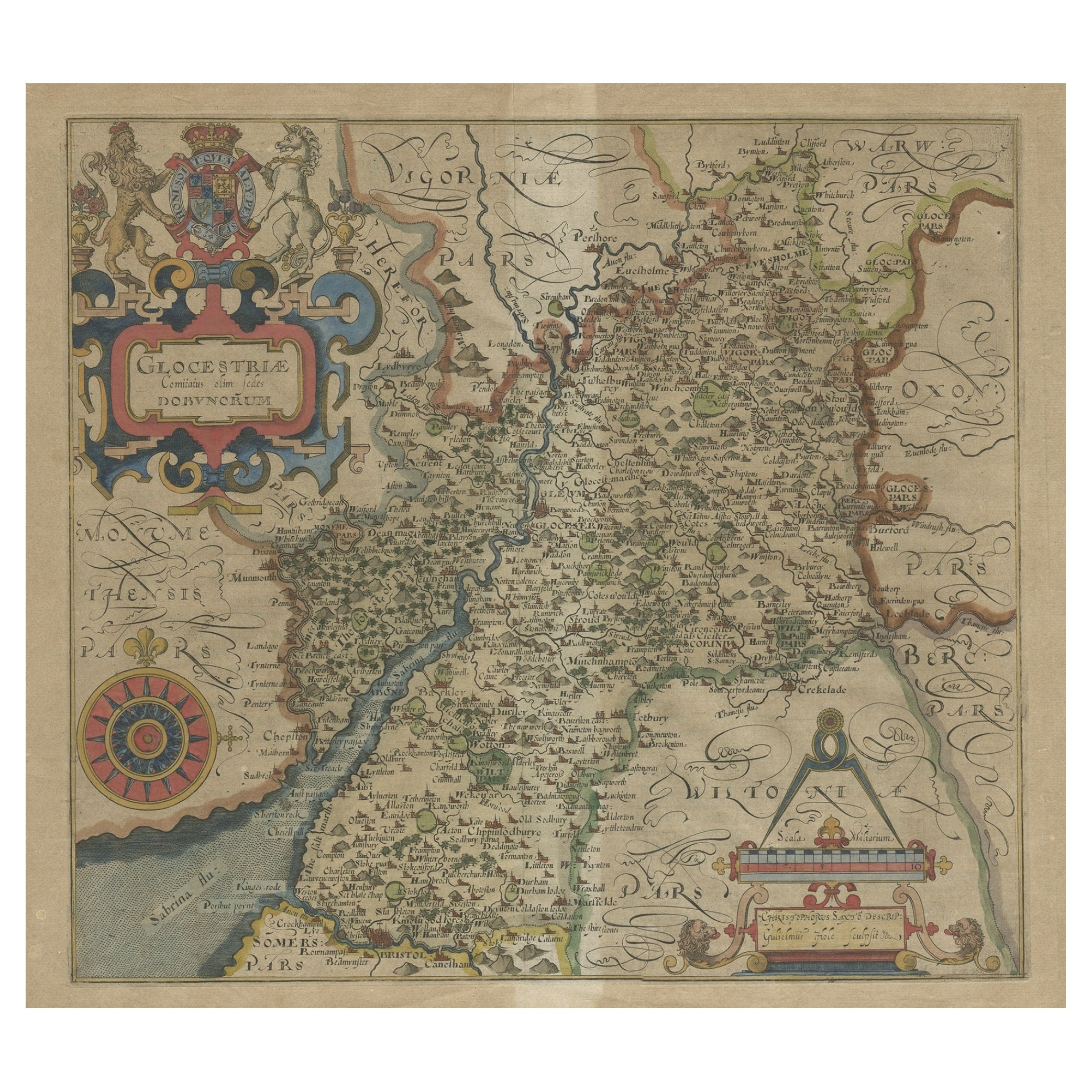 Antike Karte von Gloucestershire von Camden, ca. 1607