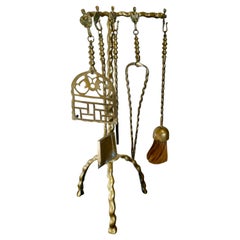 Antique Unusual Brass Fireside Companion Set, 5 Fireside Tools