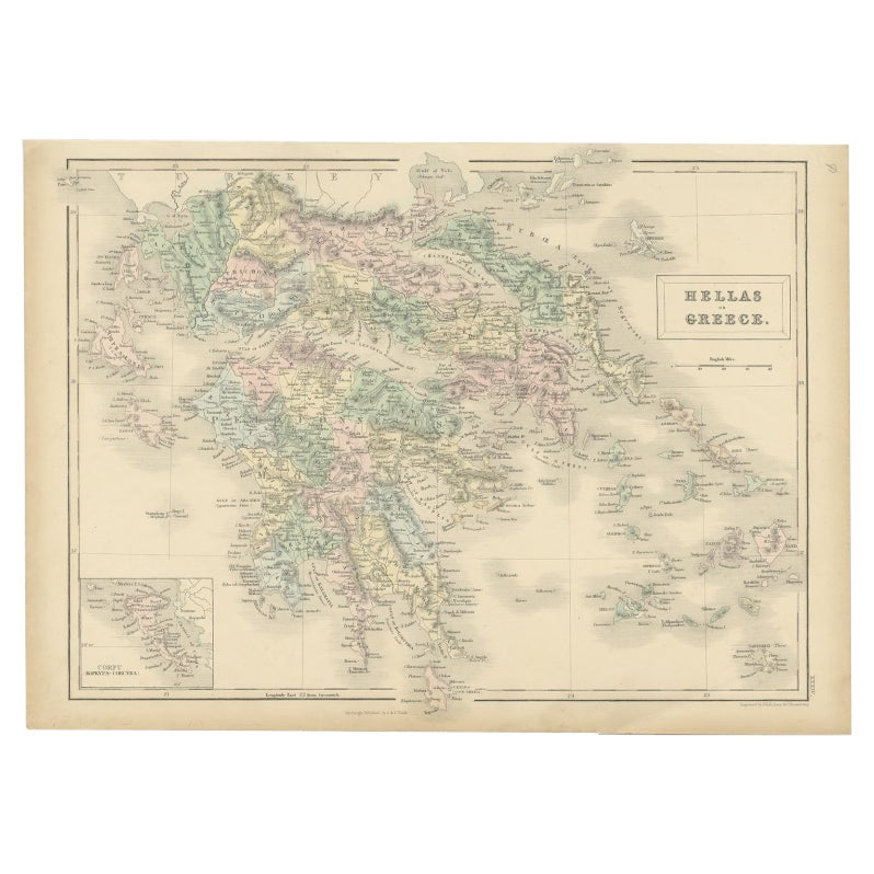 Antique Map of Greece with an Inset Map of Corfu, 1854