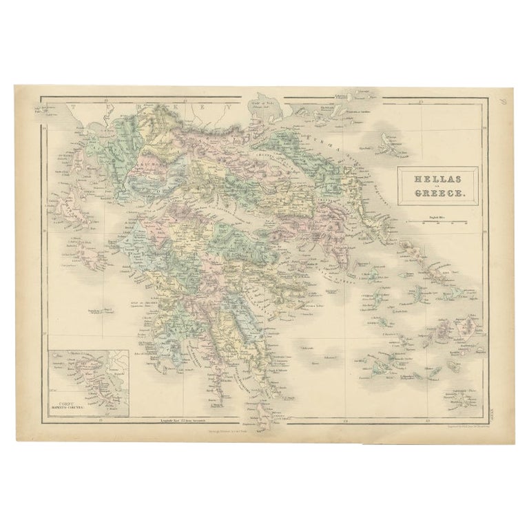 Antique Map of Greece with an Inset Map of Corfu, 1854 For Sale
