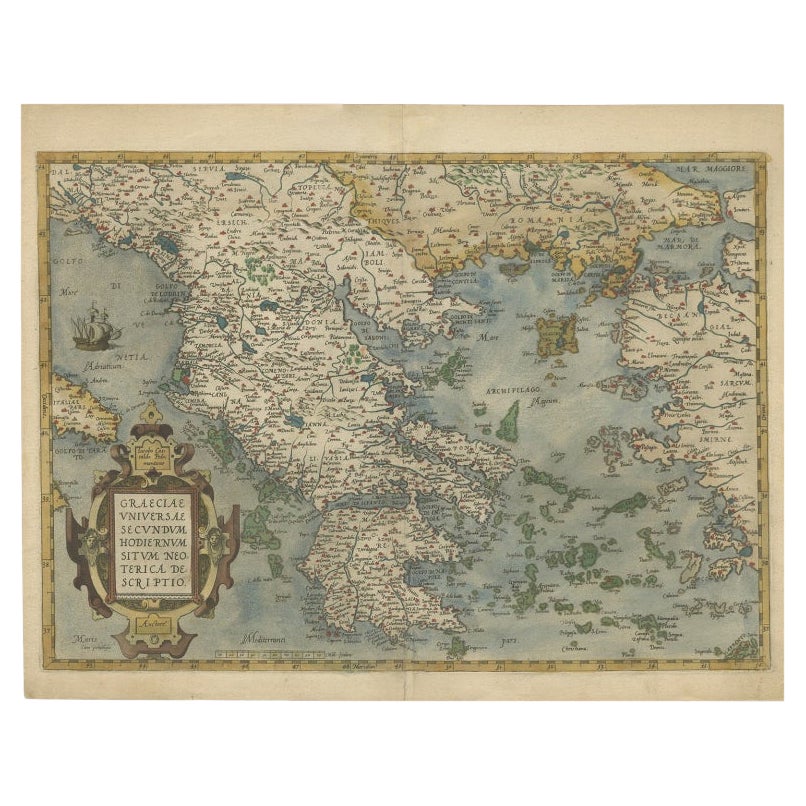 Carte décorative originale et ancienne de la Grèce par Ortelius, vers 1609