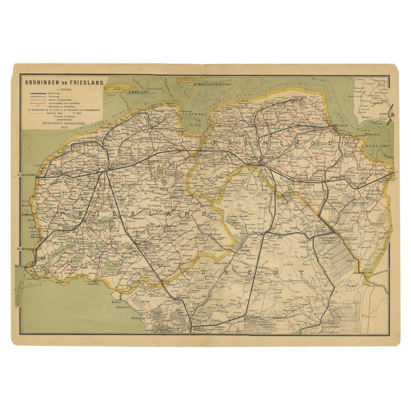 Antique Map of the Dutch Provinces Groningen and Friesland, 1902