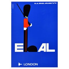 Affiche de voyage vintage d'origine El Al Israel Airlines, Londres, Angleterre, Garde royale