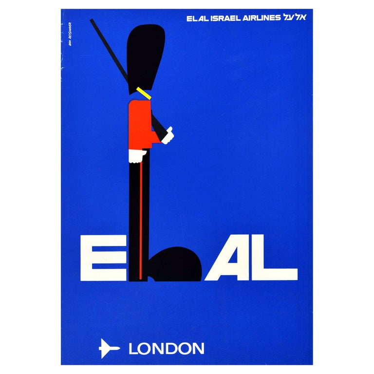 Original Vintage Travel Poster El Al Israel Airlines London England Royal Guard For Sale