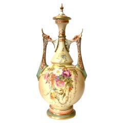 Fabulous Large Antique Royal Worcester Blush Ivory Vase, Hand Painted with Cover