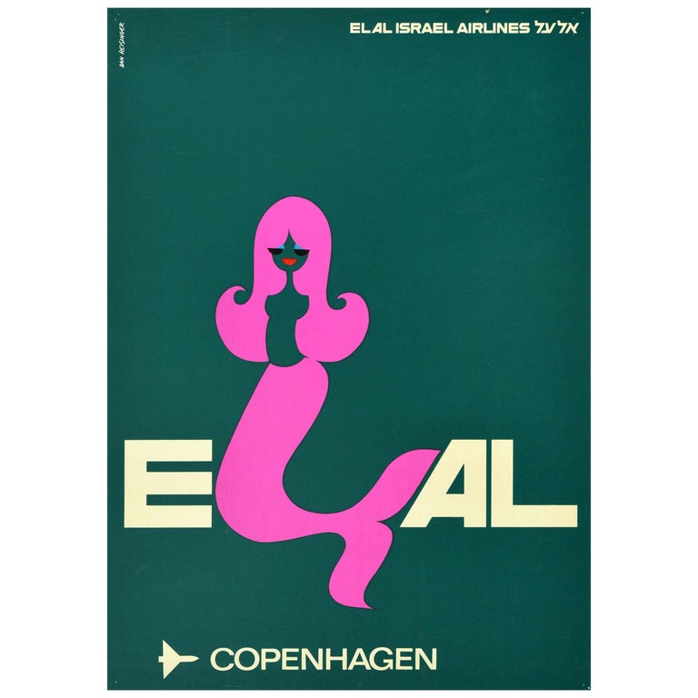 Original Vintage Travel Poster El Al Israel Airlines Copenhagen Denmark Mermaid For Sale
