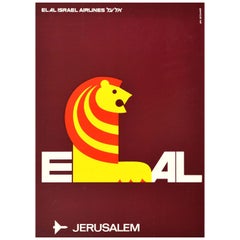 Original Vintage Air Travel Poster El Al Israel Airlines Jerusalem Lion Design