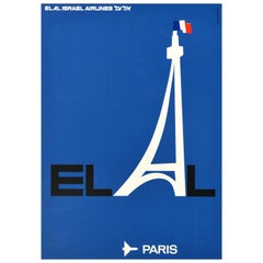 Original Vintage Travel Poster El Al Israel Airlines Paris France Eiffel Tower