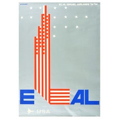 Original Vintage Travel Poster El Al Israel Airlines USA Skyscrapers Flag Design