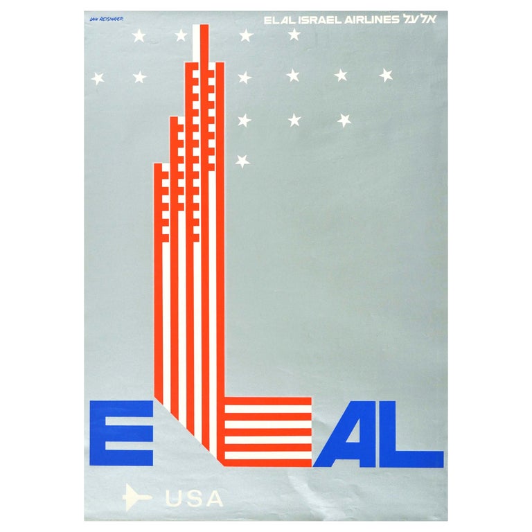 Original Vintage Travel Poster El Al Israel Airlines USA Skyscrapers Flag Design