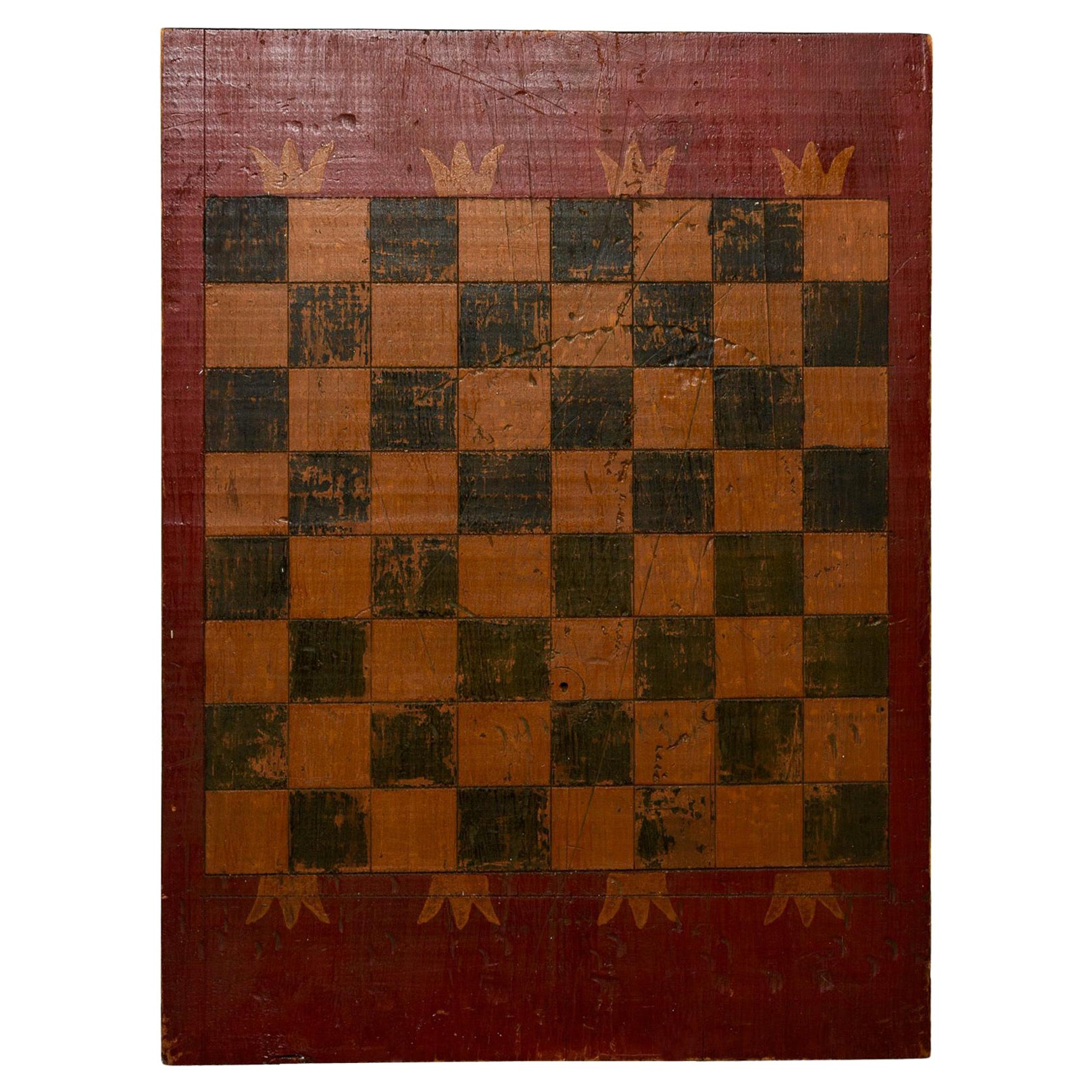 Early  20th C Game Board with Orig Painted Black and Gold Squares and Red Edges