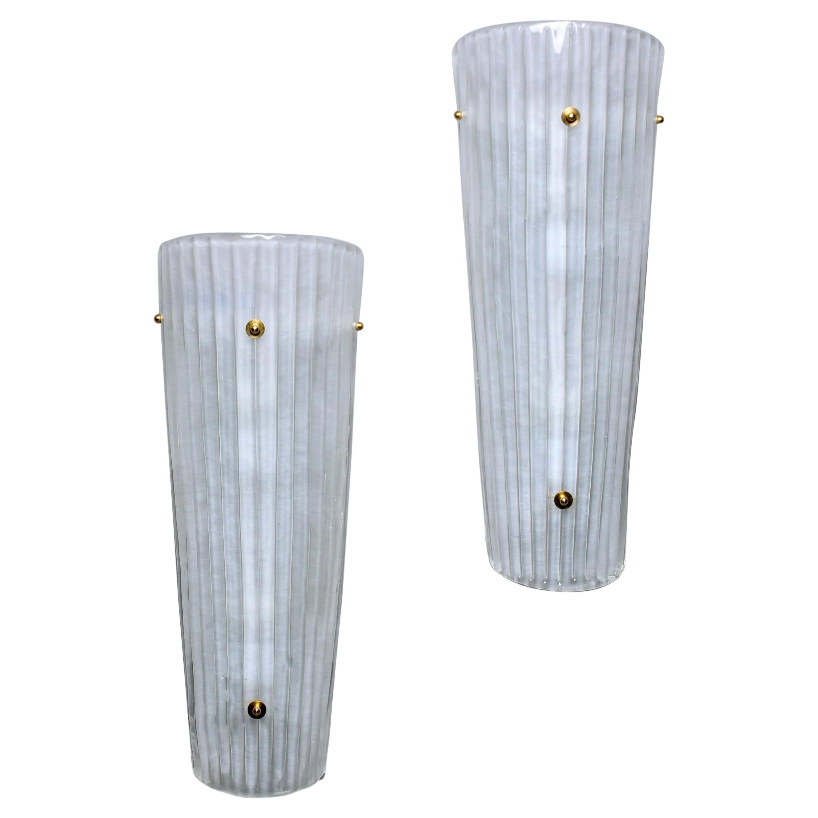 Pair New Tall Slender Frosted White Murano Glass Sconces For Sale