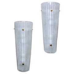 Pair New Tall Slender Frosted White Murano Glass Sconces