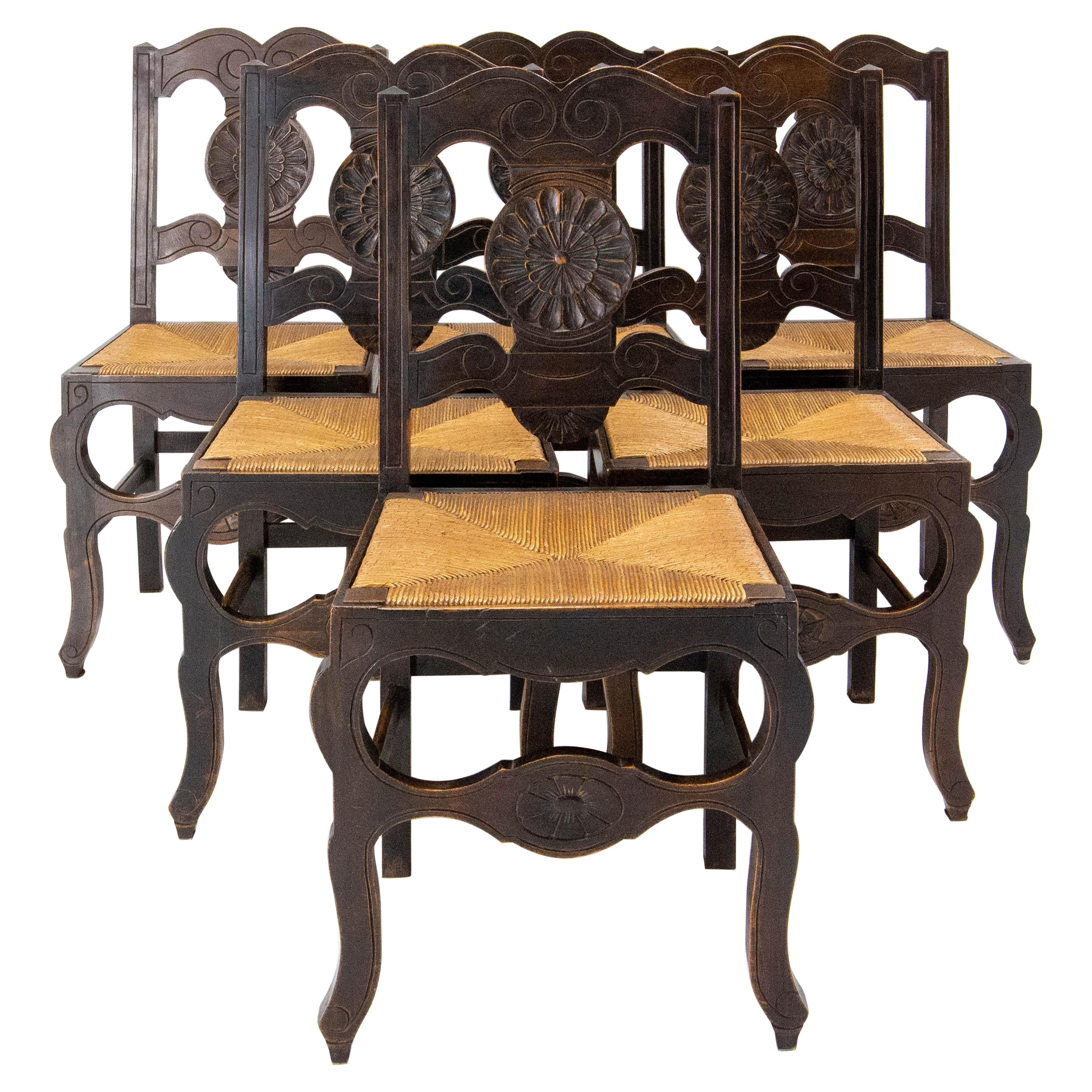 Six Spanish Dining Chairs Rush Seats, Early 20th Century