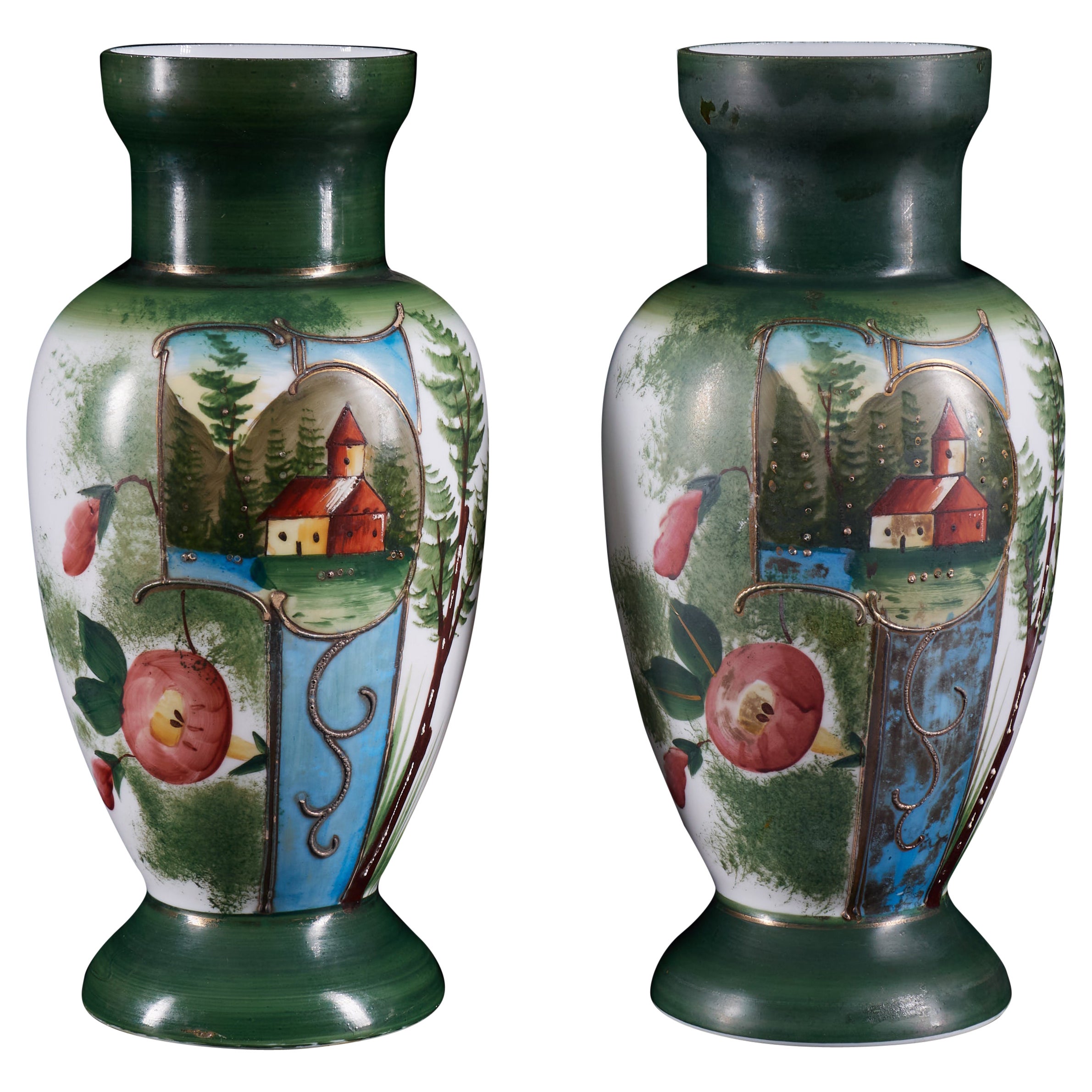 Lovely Set of 2 Vintage Vases with Handpainted Rural Scene and Gold Finish For Sale