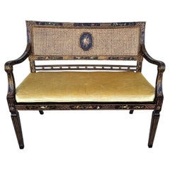 English Style Hand Painted Flowers Butterflies Cane Back & Seat Settee Bench