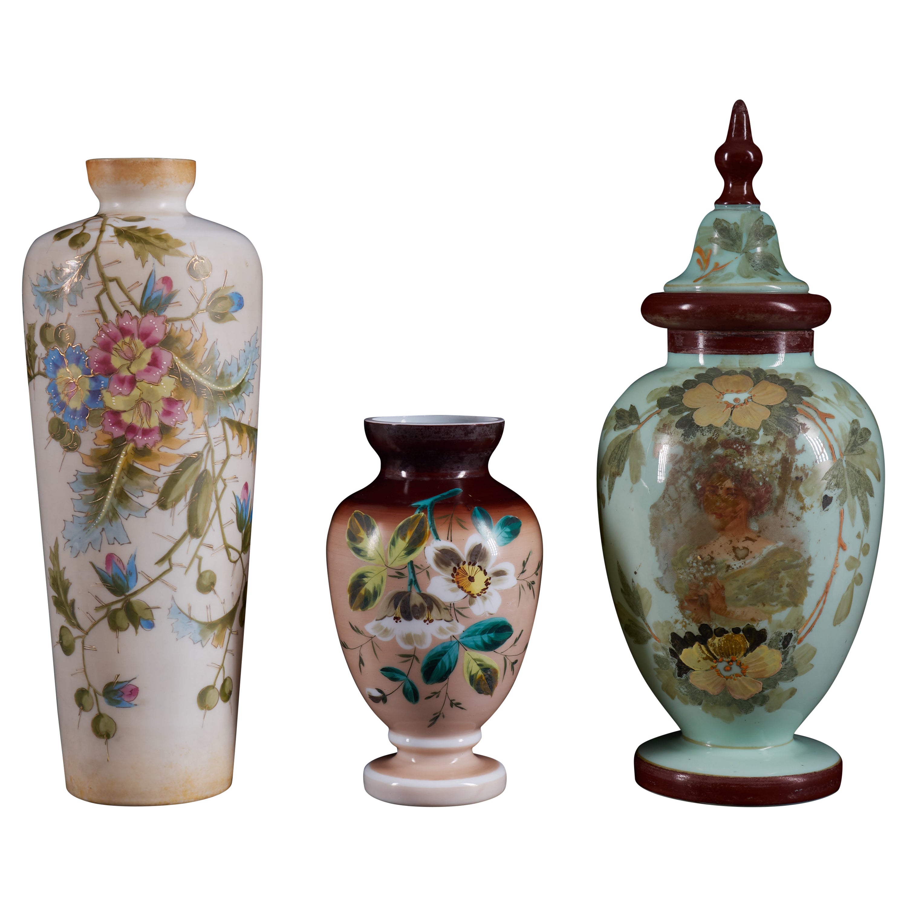 French Sevres Opaline Glass Vase with Handpainted Gold Trim and Flower