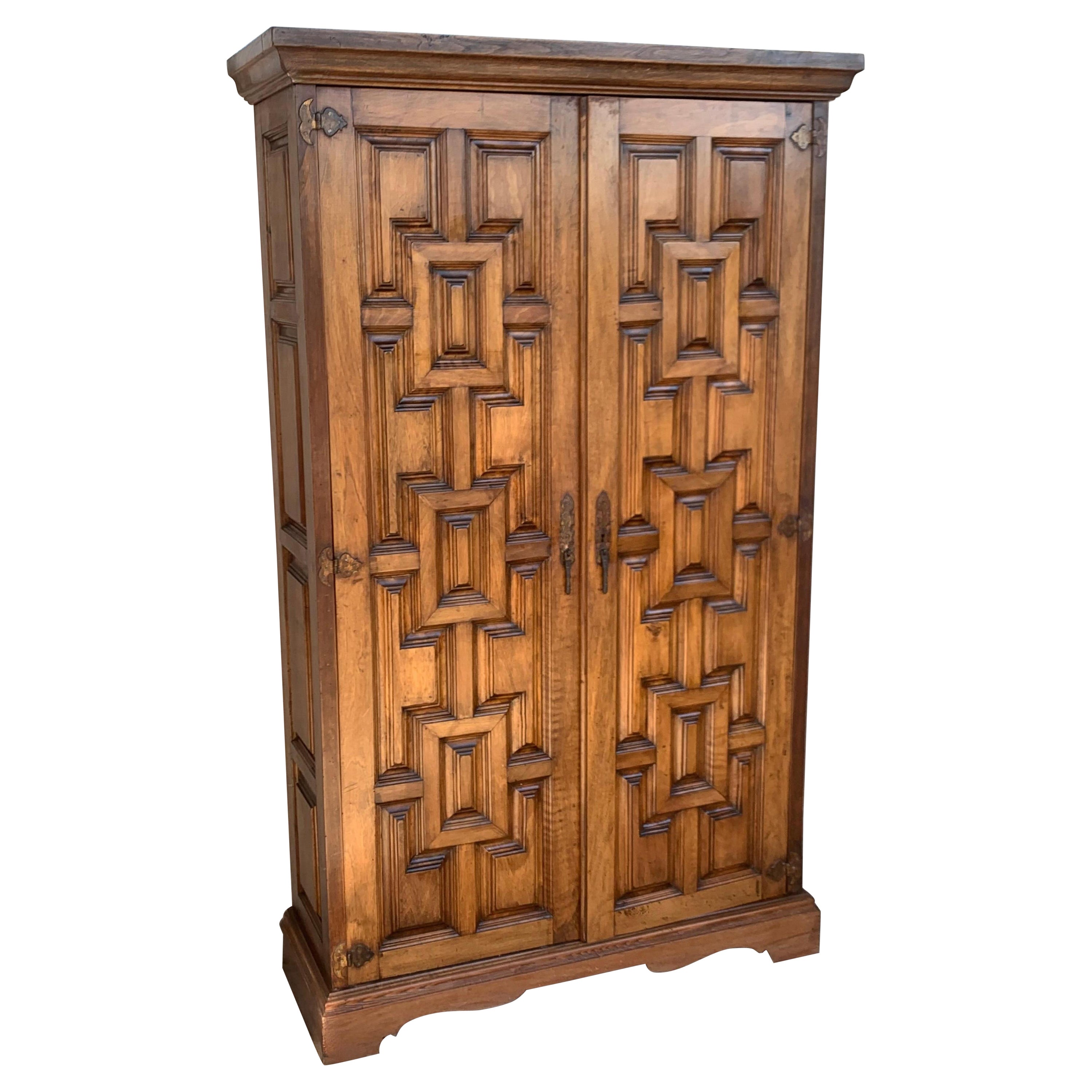 20th Century Armoire, Kitchen Cabinet with Two Doors, Carved Walnut, Spain