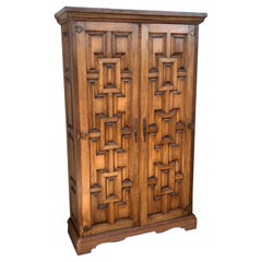 Antique 20th Century Armoire, Kitchen Cabinet with Two Doors, Carved Walnut, Spain