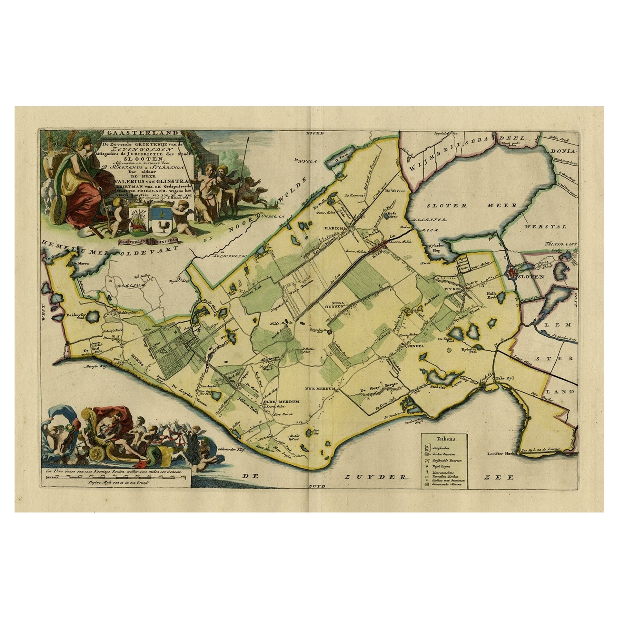 Carte ancienne de Gaasterland dans le Friesland, aux Pays-Bas, 1718