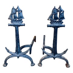 Antique Hand Wrought Iron Ship and Anchor Andirons, circa 1910