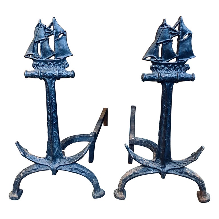 Hand Wrought Iron Ship and Anchor Andirons, circa 1910 For Sale