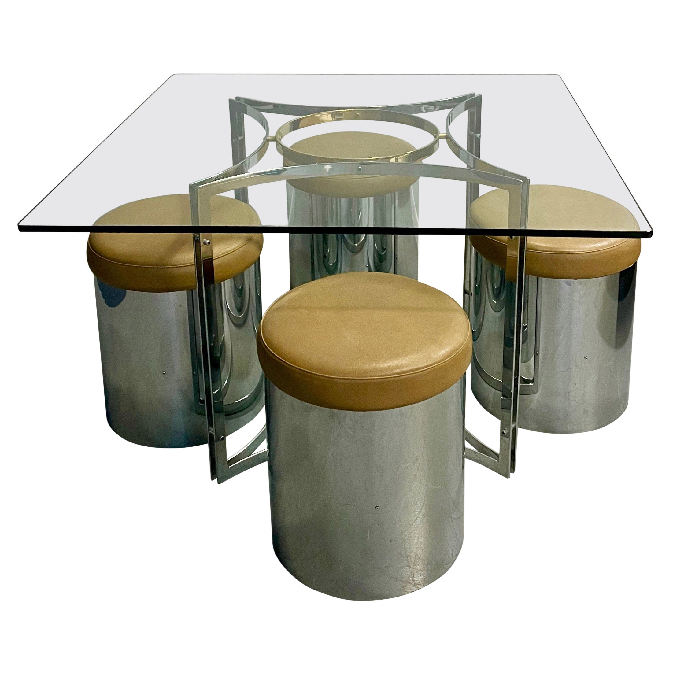 Romeo Rega Style Brass & Chrome Petite Game/Dining Table Four Stools Mid Century For Sale