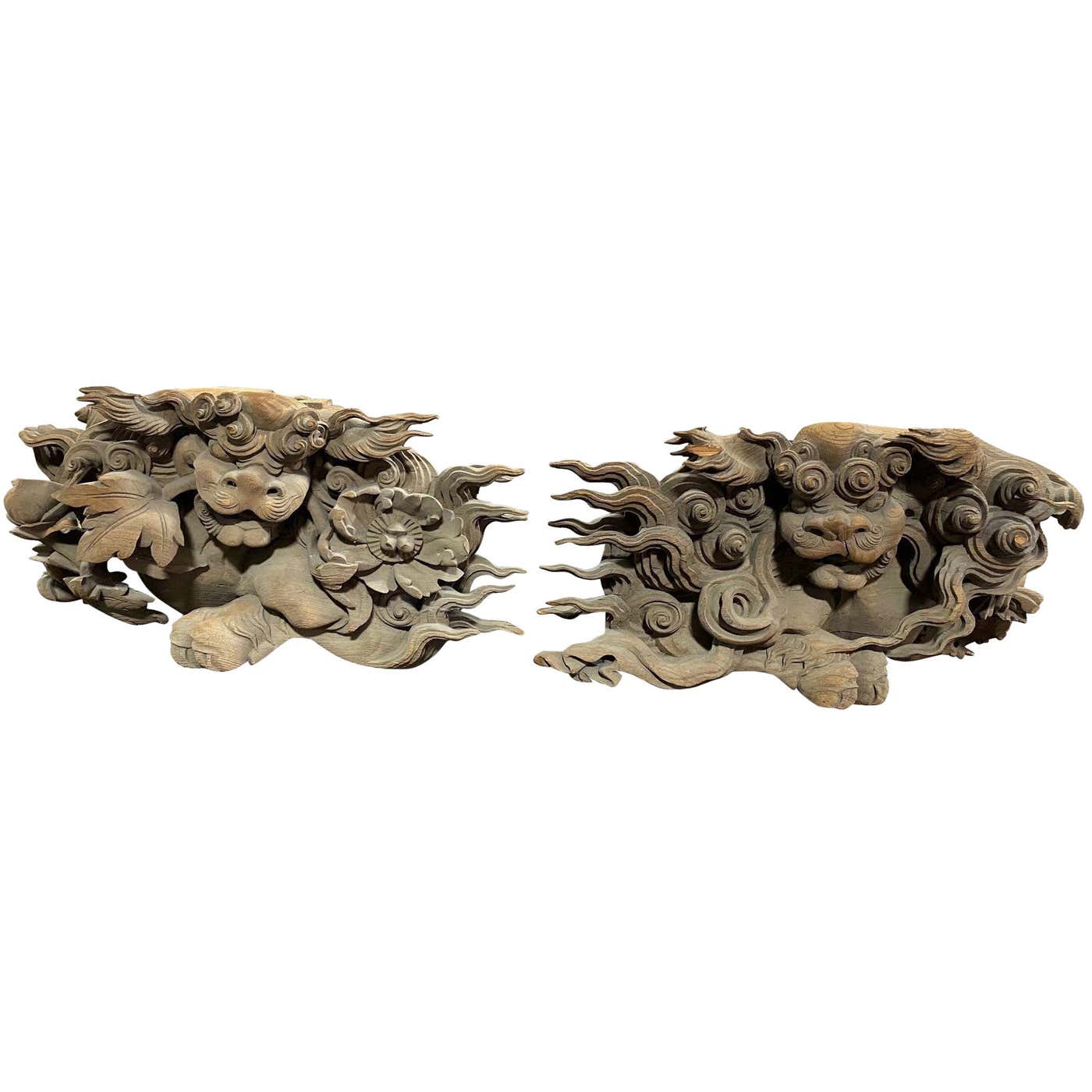 Japanese Wood Carved Edo Temple Shinto Shrine Guardian Shishi Komainu ...