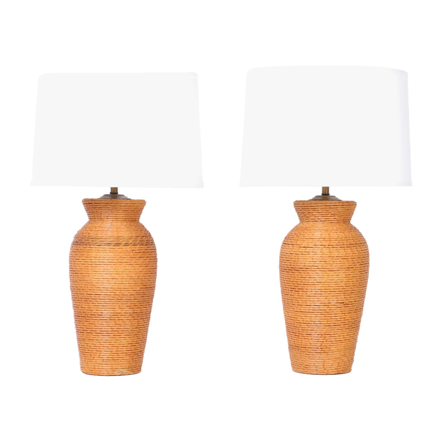 Pair of Rattan and Reed Table Lamps For Sale