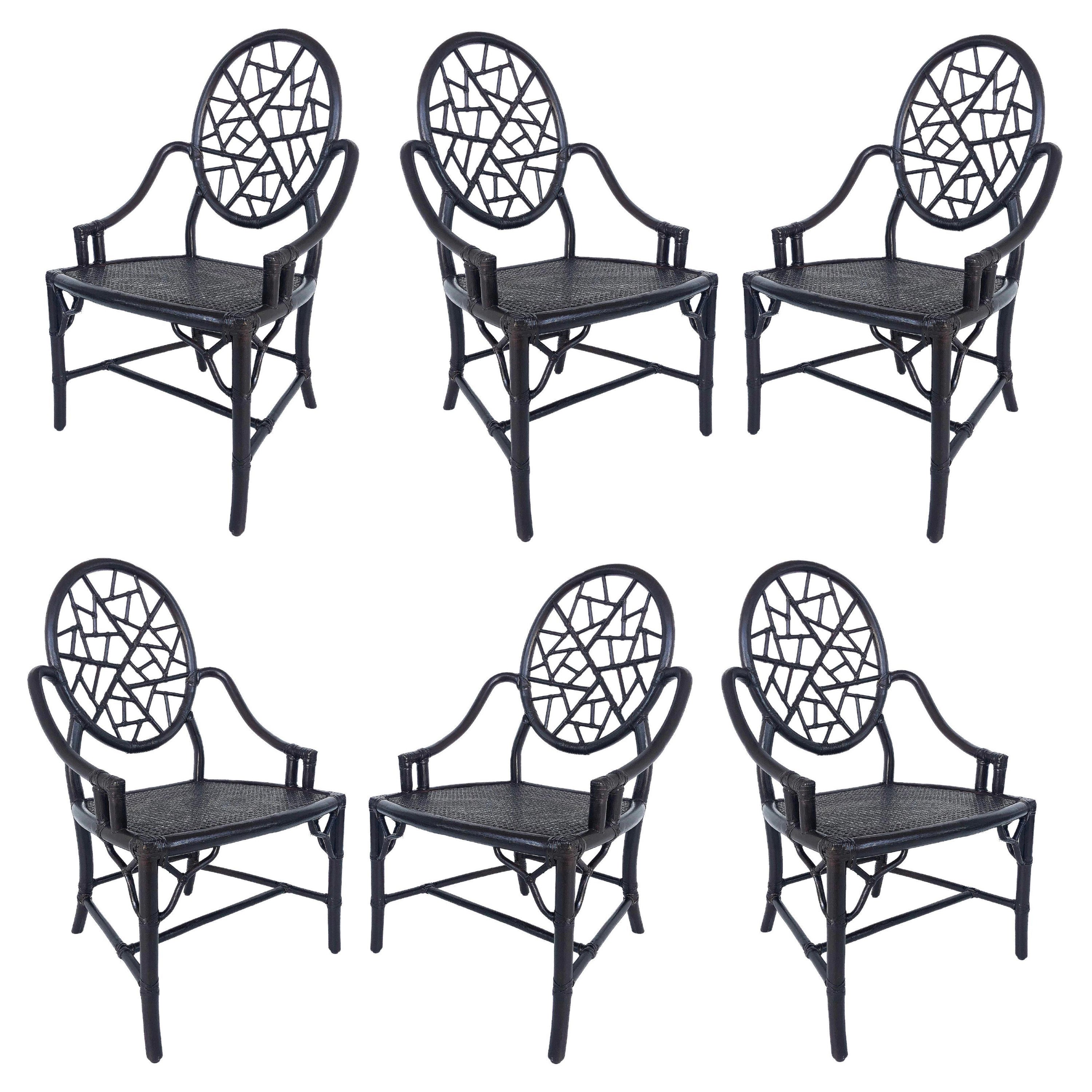 Vintage McGuire Cracked Ice Rattan Dining Arm Chairs, Leather Set '6'