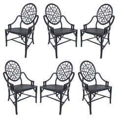 Vintage McGuire Cracked Ice Rattan Dining Arm Chairs, Leather Set '6'