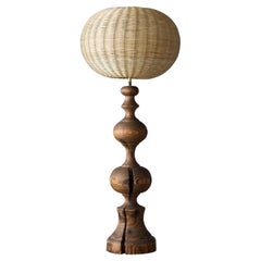 Italian Designer, Large Table Lamp, Turned Pine, Rattan, Italy, 1970s