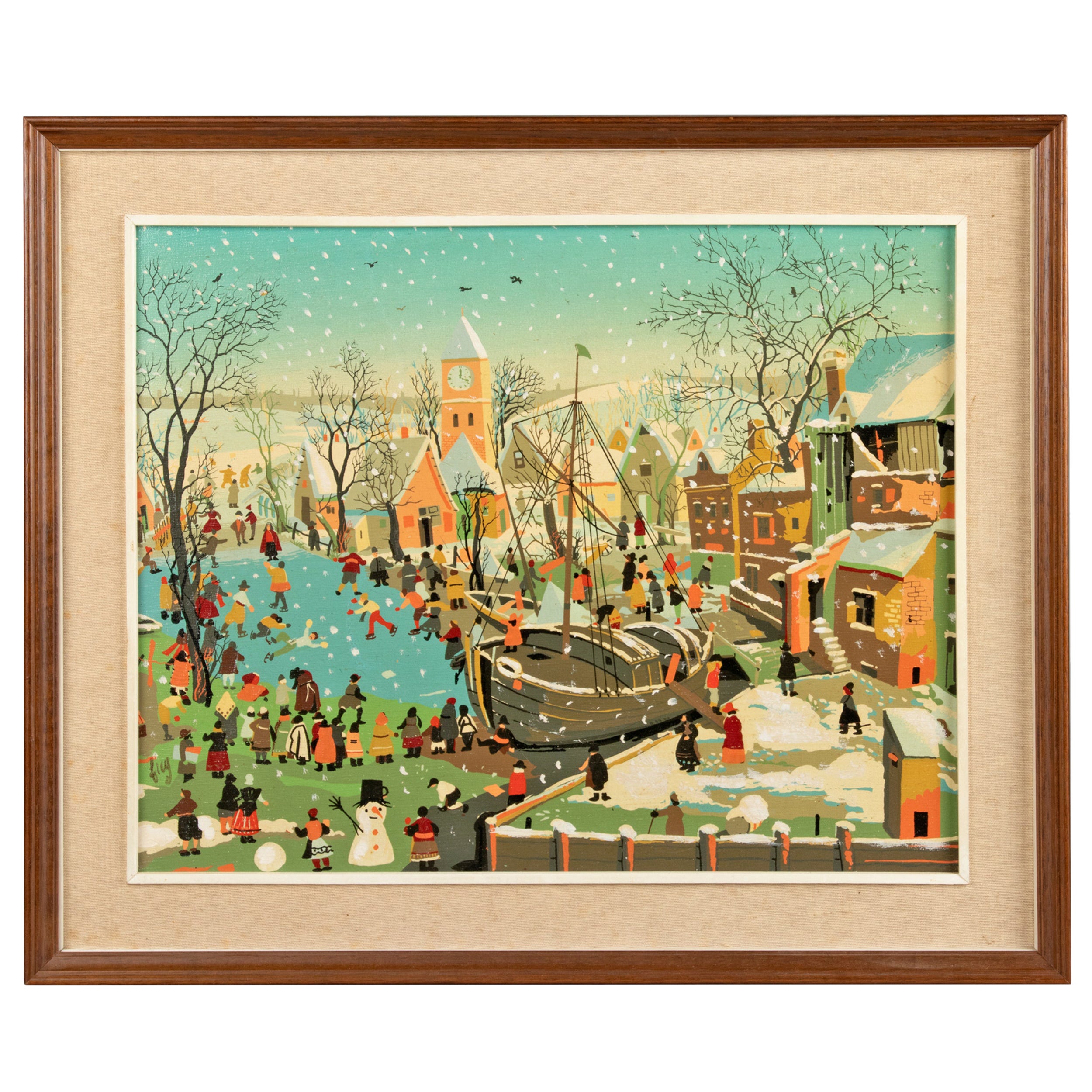 Mid Century Naive Winter Landscape Painting Ice Scating For Sale