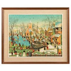 Mid Century Naive Winter Landscape Painting Ice Scating