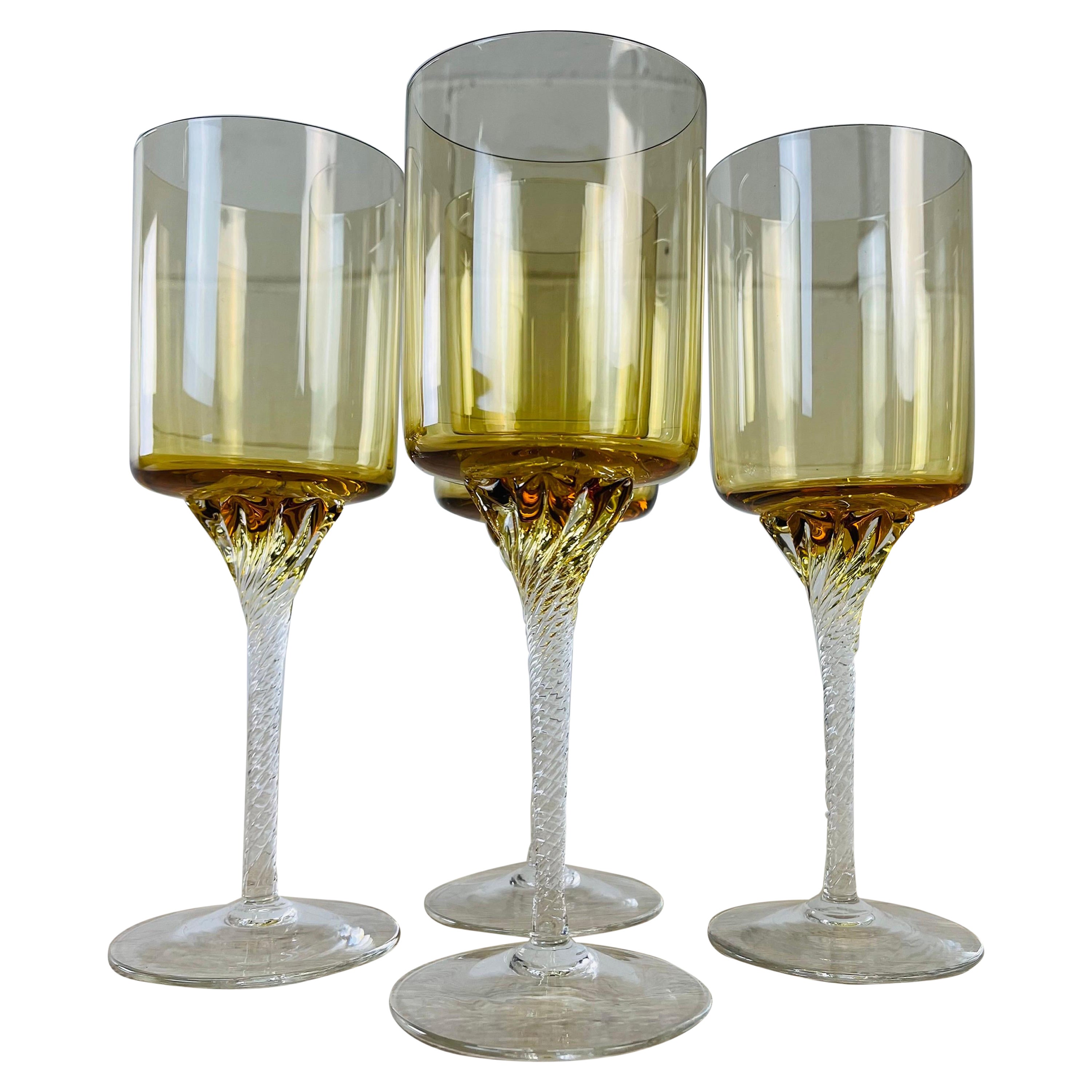 1960s Amber Tall Glass Wine Goblets with Twisted Stems, Set of 4 For Sale