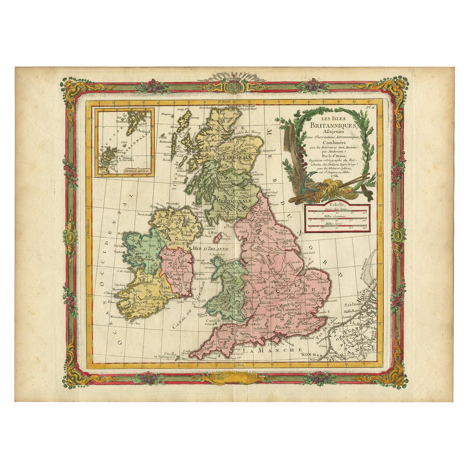 Carte ancienne de la Grande-Bretagne et de l'Irlande par Brion de la Tour, 1766 en vente