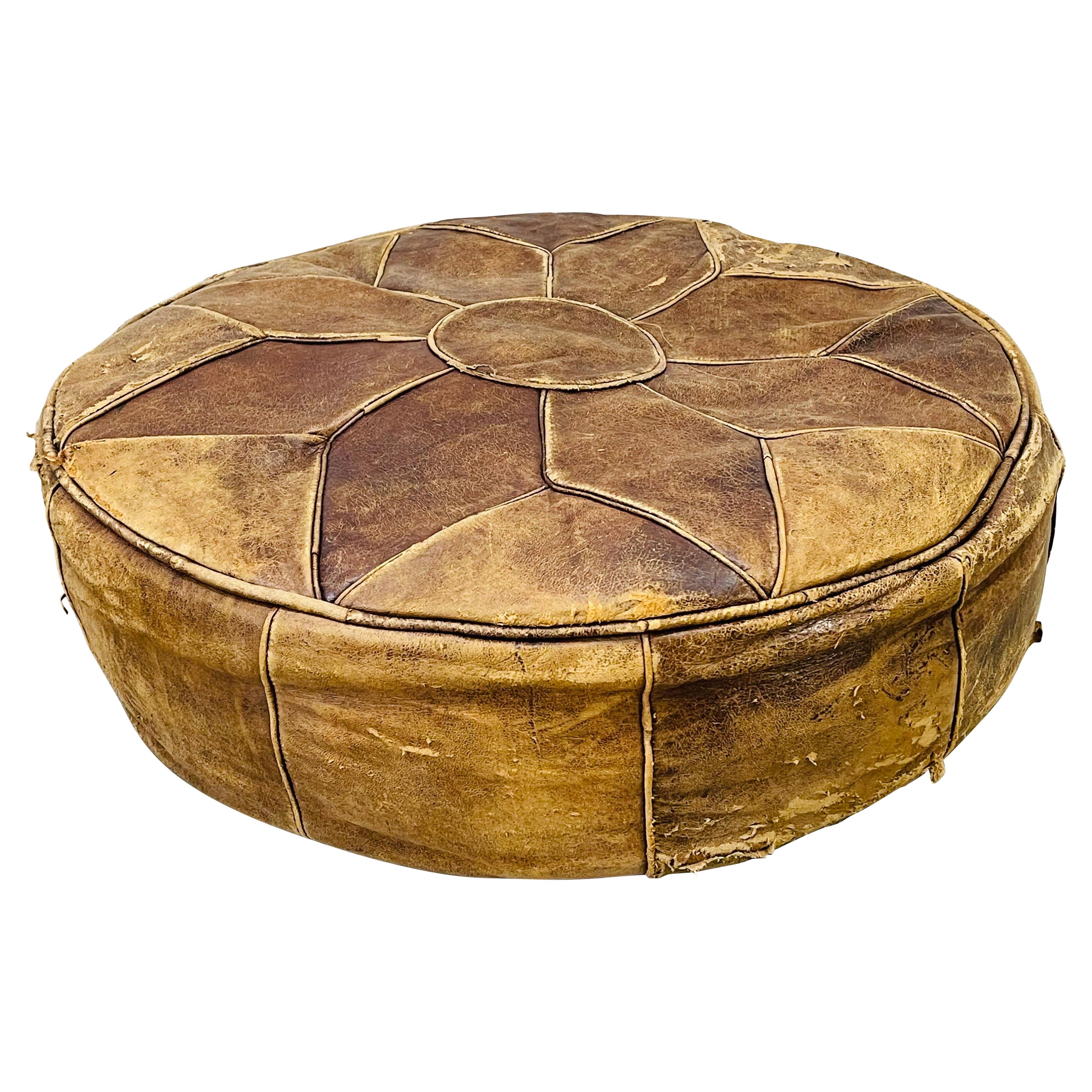 Vintage Round Distressed Leather Hassock For Sale