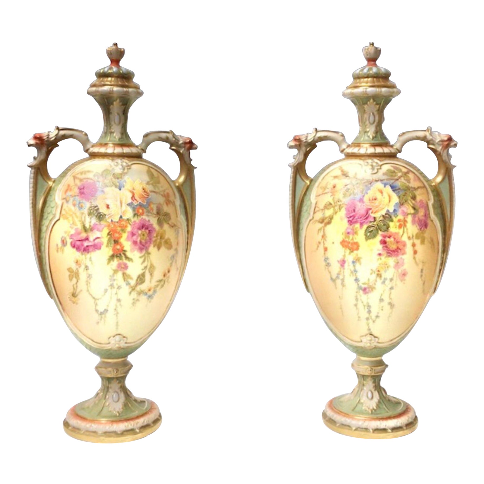 Pair of Large Antique Blush & Turquoise Royal Worcester Vases & Covers by W Hale For Sale