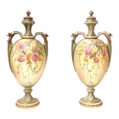 Pair of Large Antique Blush & Turquoise Royal Worcester Vases & Covers by W Hale