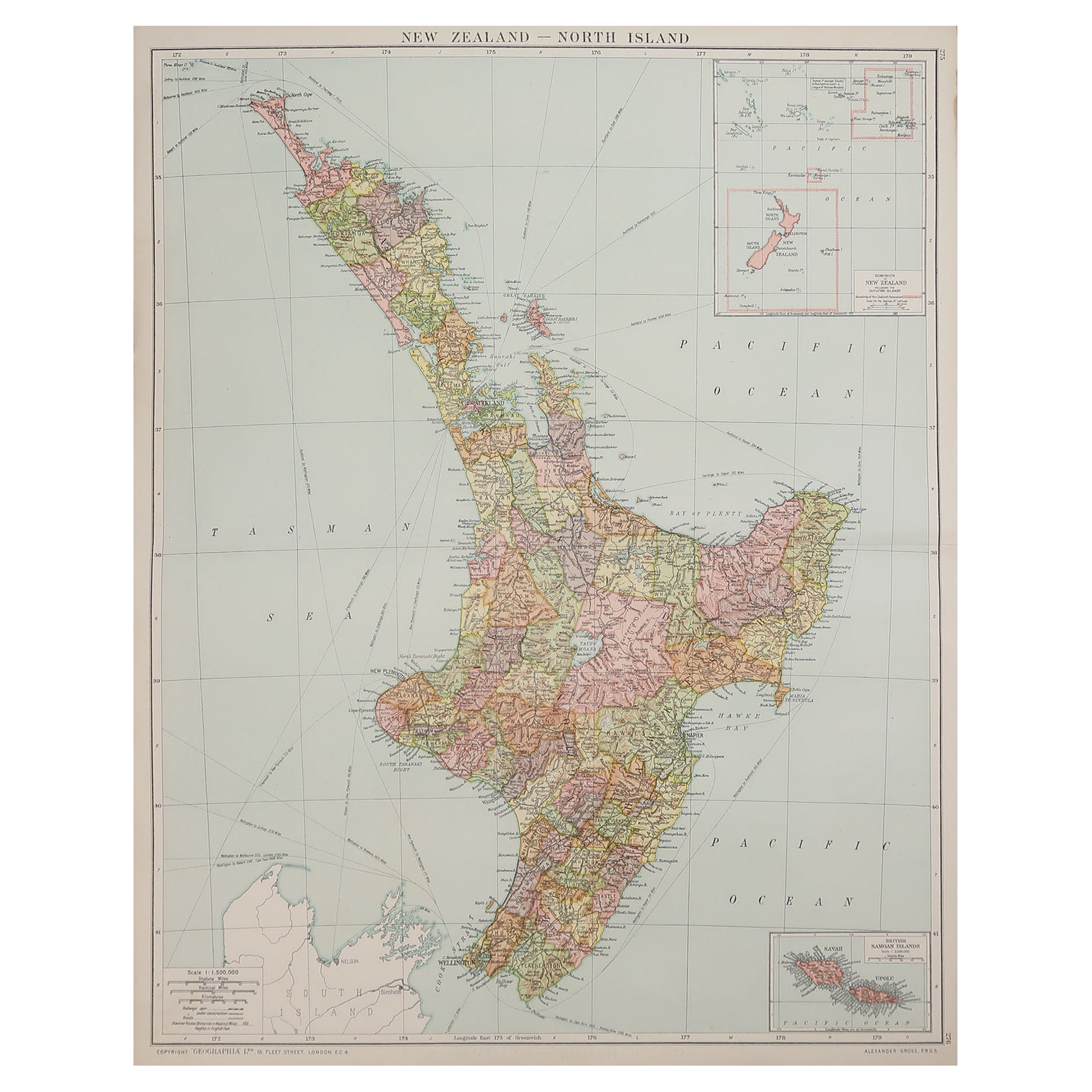 Large Original Vintage Map of New Zealand, North Island, circa 1920