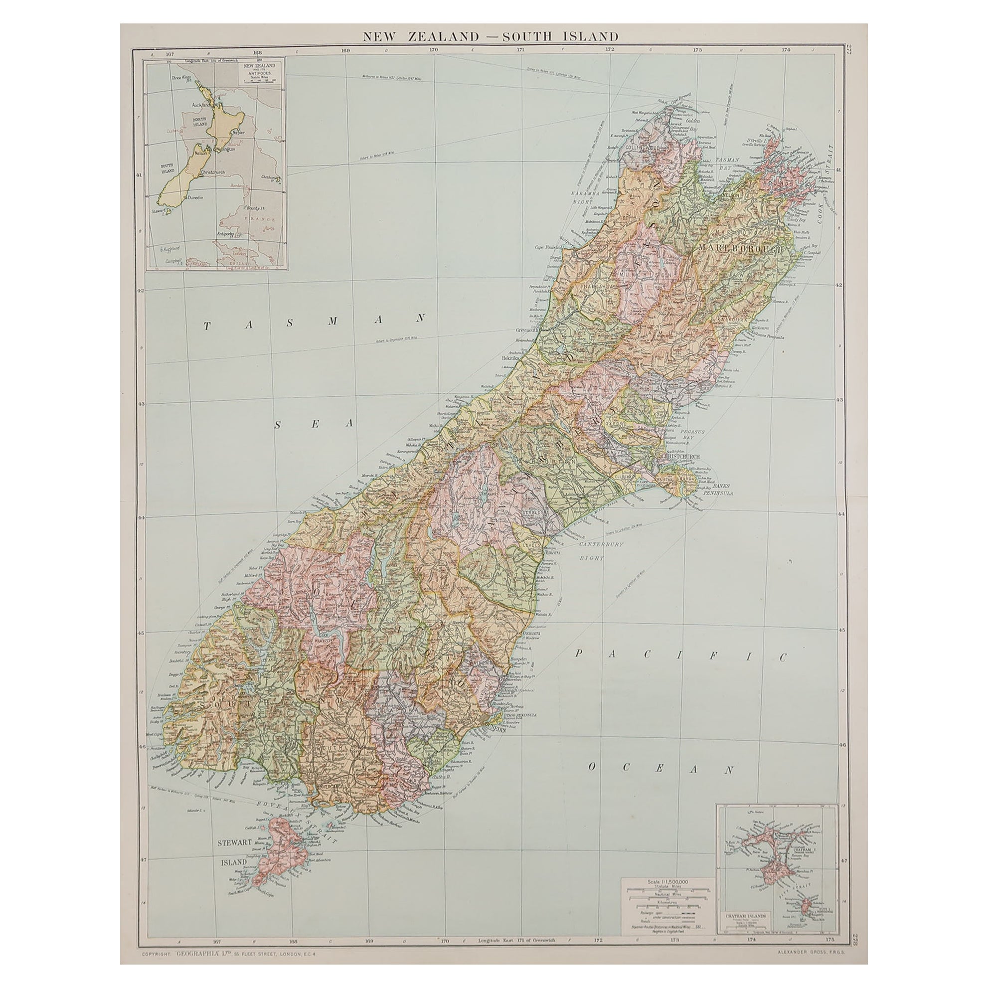 Große Original-Vintage-Karte von Neuseeland, Südinsel, um 1920